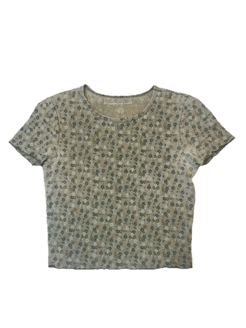 American Eagle Sz S Green Floral Baby Tee Ribbed Crop Top Y2K Cottagecore